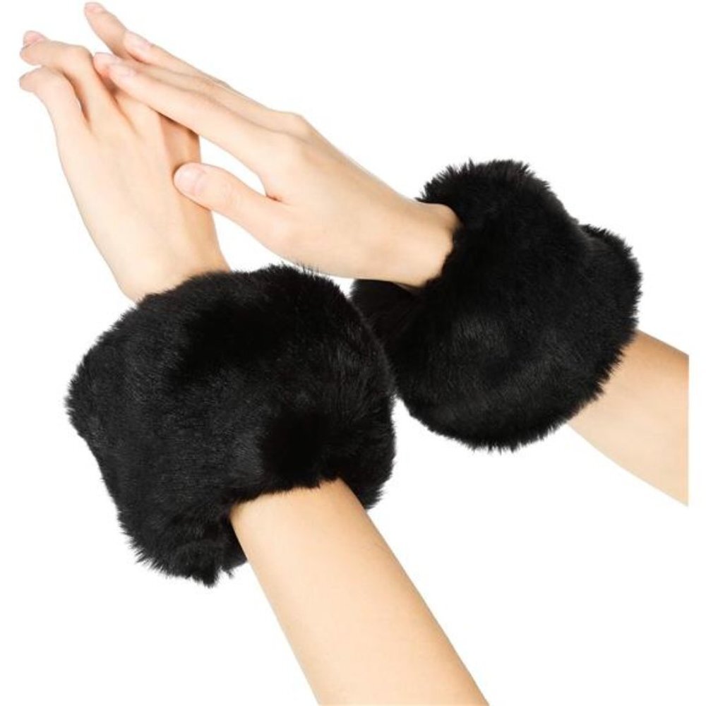 Black Fuzzy Faux Fur Pom Pom Wrist Cuffs Furry Arm Bands Arm Warmers Glove‎